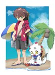 anthro beach bottomwear brown_hair claws clothing duo feral footwear green_eyes hair hat headgear headwear hoodie horn male sandals seaside shoes shorts straw_hat swimwear topwear white_body yellow_eyes hata4455ori bandai_namco digimon digimon_ghost_game gammamon_(ghost_game) hiro_amanokawa arthropod crab crustacean decapoda digimon_(species) gammamon human malacostracan mammal marine hi_res