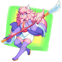 5_fingers clothing female fingers holding_object holding_weapon pink_body purple_clothing smile solo weapon zipskyblue hanako_(zipskyblue) felid feline mammal 1:1 absurd_res hi_res
