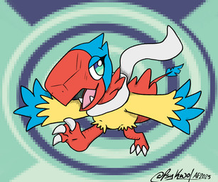 3_claws ambiguous_gender beak blue_body blue_eyes blue_feathers blue_tail claws confident feathers feet feral green_eyes open_beak open_mouth red_beak red_body red_feathers red_tail scarf solo tail tail_tuft talons teeth toes tuft white_scarf yellow_body yellow_feathers psykwol nintendo pokemon zephyr_(arche150) archen fossil_pokemon generation_5_pokemon pokemon_(species) 6:5 cross-hatching digital_media_(artwork) hatching_(art) shaded