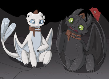 barely_visible_genitalia barely_visible_vulva black_body black_scales blue_eyes claws collar confusion detailed_background duo female feral genitals green_eyes looking_forward male open_mouth scales sitting tail vulva white_body white_scales wings fuf dreamworks european_mythology how_to_train_your_dragon mythology nubless toothless dragon fury_(httyd) light_fury mythological_creature mythological_scalie night_fury scalie western_dragon hi_res
