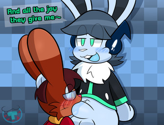 4_fingers anthro balls blush blush_lines bodily_fluids bottomless bottomless_male clothed clothing deep_throat drooling duo fellatio fingers genitals head_grab head_pull head_push male male/male oral oral_penetration penetration penile penis penis_in_mouth relaxed_expression saliva saliva_on_penis sex surprised surprised_eyes toony mintytempest note_(mintytempest) roderick_(tamerkoh) lagomorph leporid mammal rabbit absurd_res hi_res