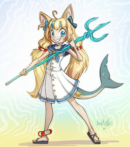 accessory anthro blinking blonde_hair blue_eyes bow_ribbon clothing dress female footwear grin hair hair_accessory hair_bow hair_ribbon inner_ear_fluff long_hair looking_at_viewer melee_weapon polearm ribbons sailor_uniform sandals shark_tail shoes smile solo trident tuft uniform weapon david_lillie vtuber sameko_saba_(vtuber) animal_humanoid aquatic aquatic_humanoid canid canid_humanoid canine canine_humanoid fish fish_humanoid fox_humanoid humanoid hybrid mammal mammal_humanoid shark_humanoid 2025 animated no_sound short_playtime video
