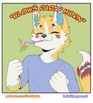 anthro biped clothing eyes_closed facial_markings fist head_markings male markings party_horn purple_clothing purple_shirt purple_topwear shirt slim_anthro slim_male solo topwear kurarifox kurari_(deruu) canid canine fox mammal 2024 hi_res