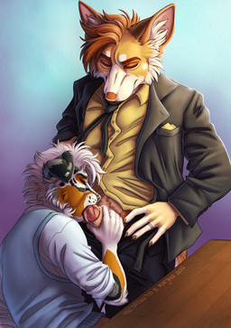 accessory animal_genitalia animal_penis anthro belt canine_genitalia canine_penis casual_exposure casual_sex clothed clothing desk duo eyes_closed fellatio furniture genitals handkerchief jacket kerchief licking male necktie office oral penile penis ring sex sheath table tongue topwear vein veiny_penis marjani canid canine canis domestic_dog mammal hi_res