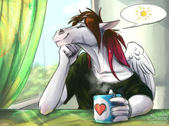anthro beverage container cup female green_background happy kitchen morning simple_background smile solo sun sunny tea wings sunny_way mythology sunny_way_(character) equid equine horse mammal mythological_creature mythological_equine pegasus 2020 digital_drawing_(artwork) digital_media_(artwork) sketch