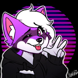 ambiguous_gender clothed clothing countershading ear_tuft fur gesture hair hand_gesture one_eye_closed pink_body pink_eyes pink_fur purple_body purple_fur solo synthwave teeth tongue tongue_out tuft v_sign white_body white_countershading white_hair wink shambletime neve_(naneve) canid canine fox hybrid mammal procyonid raccoon 1:1