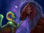 5_fingers anthro blue_hair cosmic_background detailed_background duo feral fingers hair membrane_(anatomy) membranous_wings night outside purple_eyes smile spines wings yellow_eyes nikolaosflamel p-v-s flight_rising mythology dragon mythological_creature mythological_scalie scalie tundra_dragon 2018 4:3 artist_collaboration digital_media_(artwork)