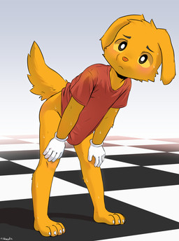 4_toes 5_fingers anthro biped black_eyebrows black_eyes blush bodily_fluids bottomless bottomless_anthro bottomless_male checkered checkered_floor cheek_tuft claws clothed clothed_anthro clothed_male clothing eyebrows facial_tuft feet fingers floppy_ears fur gloves hand_on_knee hand_on_leg hand_on_own_knee hand_on_own_leg handwear leaning leaning_forward logo male male_anthro mouth_closed orange_body orange_fur orange_nose orange_tail red_clothing red_shirt red_t-shirt red_topwear shirt solo standing sweat sweaty_body t-shirt tail toe_claws toes topwear tuft white_clothing white_gloves white_handwear yellow_sclera young young_anthro young_male cubboard glitch_productions the_amazing_digital_circus scratch_(tadc) bird_dog canid canine canis domestic_dog golden_retriever hunting_dog mammal retriever 2026 absurd_res artist_logo dated digital_media_(artwork) hi_res