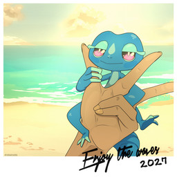 ambiguous_gender beach clinging cloud duo feral first_person_view half-closed_eyes hand_focus human_pov narrowed_eyes picture_frame pov_hands seaside sunset theramtavern nintendo pokemon pokemon_winds_and_waves gecqua generation_10_pokemon human mammal pokemon_(species) reptile scalie 1:1 2026 hi_res signature