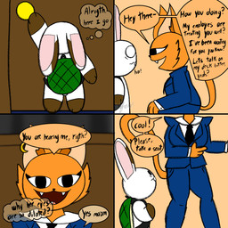 anthro backpack clothing dialogue duo female fur long_ears male orange_body orange_fur suit teeth text white_body white_fur wide_eyed chefrens senia_(chefrens) sqwishi_(chefrens) domestic_cat felid feline felis lagomorph mammal 1:1 comic english_text hi_res