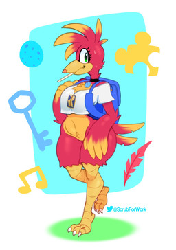 anthro anthrofied arm_tuft avian_feet backpack beak bodily_fluids bottomless breasts choker clothed clothing crotch_tuft elbow_tuft eyelashes feathers featureless_crotch female green_eyes jewelry looking_at_viewer multicolored_body navel necklace non-mammal_breasts orange_body orange_feathers red_body red_feathers shirt solo sweat sweatdrop tail tail_feathers text thick_thighs topwear tuft two_tone_body wide_hips winged_arms wings somescrub banjo-kazooie rareware twitter kazooie avian bird breegull 2023 artist_name hi_res