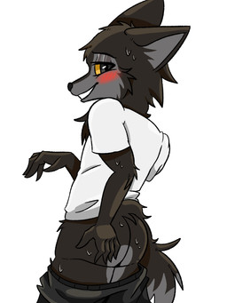 5_fingers anthro arm_tuft big_butt big_ears big_eyes black_body black_fur black_tail blue_bottomwear blue_clothing blue_pants blush blush_lines bodily_fluids bottomwear bottomwear_down butt butt_grab cheek_tuft clothed clothed_anthro clothing curled_tail dipstick_tail elbow_tuft eyeshadow facial_tuft femboy fingers fluffy fluffy_tail fur gesture grey_body grey_fur grey_tail hand_on_butt head_tuft inner_ear_fluff makeup male markings mooning multicolored_body multicolored_fur multicolored_tail neck_tuft pants pants_down partially_clothed self_grope shirt side_view simple_background smile smiling_at_viewer smirk smirking_at_viewer solo suggestive suggestive_gesture suggestive_pose sweat tail tail_markings thick_thighs topwear tuft white_background white_clothing white_shirt white_topwear wingsprite janusz canid canine canis hybrid mammal wolf wolfdog 2025 3:4 digital_drawing_(artwork) digital_media_(artwork) shaded