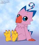 ambiguous_gender beak blue_eyes claws feathers feet pink_body pink_feathers semi-anthro sitting soles solo drjavi bandai_namco digimon avian biyomon digimon_(species) 2019