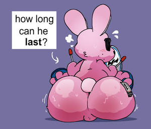 anthro balls battery big_butt bodily_fluids butt directional_arrow drum eyewear genitals huge_butt male mascot musical_instrument percussion_instrument simple_background solo speech_bubble sunglasses sweat tail pawplants energizer energizer_bunny lagomorph leporid mammal rabbit