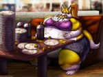 anthro belly big_belly big_breasts big_butt booth bottomwear breasts burger butt clothing container cup eating female food fur furniture growling hair huge_thighs morbidly_obese morbidly_obese_anthro morbidly_obese_female multicolored_body multicolored_fur obese obese_anthro obese_female overweight overweight_anthro overweight_female plate ponytail shirt shorts sitting solo stuffing table text thick_thighs topwear torn_bottomwear torn_clothing torn_shorts two_tone_body two_tone_fur weight_gain weight_gain_drive viroveteruscy if_hell_had_a_taste tiffany_brewwer canid canine fox mammal 2022 absurd_res digital_media_(artwork) english_text hi_res