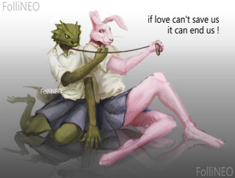 anthro bent_legs blue_bottomwear blue_clothing blue_skirt bottomwear brown_rope clothed clothed_anthro clothing collared_shirt duo eye_contact fully_clothed green_body grey_eyes grin holding_knife holding_object holding_rope kneeling knife light_shirt looking_at_another male monotone_bottomwear monotone_clothing monotone_shirt monotone_skirt monotone_topwear polo_shirt rope shirt simple_background sitting skirt smile text topwear white_body white_clothing white_shirt white_topwear follineo follineo_(follineo) pinky_scar_(scar) armadillo_girdled_lizard girdled_lizard hare lagomorph leporid lizard mammal reptile scalie colored digital_drawing_(artwork) digital_media_(artwork) distracting_watermark english_text hi_res krita_(artwork) watermark
