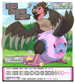 ageplay anthro beak black_body black_feathers black_wings bone_in_hair brown_hair clothed clothing dialogue diaper duo eyelashes feathers female female_anthro grey_beak grey_wings hair infantilism long_hair narrowed_eyes open_mouth outside pacifier permanent_transformation pink_diaper rear_view roleplay speech_bubble spiral spiral_eyes standing text tilde_after_text topless user_interface wearing_diaper wings bunnykisses innocentenough nintendo pokemon aqua_(innocentenough) carrie_(screweverything) animate_inanimate dewott diaper_creature generation_5_pokemon mandibuzz pokemon_(species) english_text hi_res
