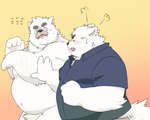 anthro belly big_belly blush clothing duo facial_hair kemono male mature_male mustache navel overweight overweight_male shirt topwear inunoshippo canid canine canis domestic_dog mammal 2022 5:4 hi_res