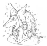 anthro clothing confetti fangs fur hair hat headgear headwear looking_at_viewer male open_mouth party party_hat party_horn pointed_nose smile solo teeth marcushunter seiji_(seiji_the_sergal) sergal 2020 headshot_portrait hi_res monochrome portrait signature