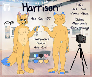 anthro biped black_nose blue_ears blue_eyes blue_pawpads blue_tail camera cheek_tuft chest_tuft color_swatch crotch_tuft dipstick_ears dipstick_tail ear_markings eyewear facial_tuft fur gender_symbol glasses hair inner_ear_fluff male male_symbol markings monotone_hair multicolored_body multicolored_ears multicolored_fur multiple_poses open_mouth orange_body orange_ears orange_fur orange_hair orange_tail painting_(object) pawpads pose stated_homosexuality stated_sexuality symbol tail tail_markings teeth text tongue tuft two_tone_body two_tone_ears two_tone_fur two_tone_tail yellow_body yellow_fur fleurfurr canid canine fox mammal 2019 english_text hi_res model_sheet