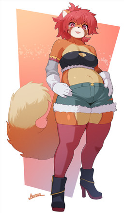 ankle_boots anthro biped black_clothing black_topwear boots bottomwear breasts clothing female footwear front_view gloves hair handwear high_heeled_boots high_heels legwear looking_at_viewer navel open_mouth red_clothing red_eyes red_hair red_legwear red_stockings shoes shorts simple_background slightly_chubby smile solo standing stockings tail thigh_highs topwear arumo ailurid mammal red_panda 2026 absurd_res digital_media_(artwork) hi_res