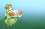 2017 absurd_res areola big_areola big_breasts big_nipples blue_background breast_expansion breasts clothed clothing crown elemental_creature elfdrago expansion female flora_fauna flower generation_5_pokemon gradient_background grass green_background headgear hi_res huge_areola huge_breasts huge_nipples humanoid hyper hyper_areola hyper_breasts hyper_nipples lilligant looking_at_breasts looking_at_own_breasts looking_at_self looking_down musical_note nature nintendo nipples non-mammal_breasts not_furry one_eye_closed orange_eyes orange_sclera outside plant pokemon pokemon_(species) pokemorph pseudo_clothing simple_background sky smile solo standing tiara topless white_body yellow_eyes