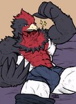2022 abs absurd_res anthro avian beak bed big_muscles bottomwear bottomwear_around_one_leg briefs bulge clothed clothing clothing_around_one_leg detailed_bulge feathers flexing fluffy_chest furniture generation_3_pokemon genital_outline hi_res jwbash layed_down looking_at_viewer male muscular muscular_anthro muscular_male nintendo pants pants_around_one_leg pecs penis_outline pokemon pokemon_(species) simple_background smile solo swellow underwear