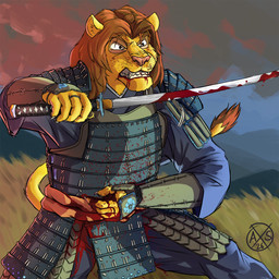 angry anthro armor battle blood blood_in_mouth blood_on_chest blood_on_clothing blood_on_face blood_on_hand blood_on_object blood_on_weapon blood_spatter bodily_fluids clothing clutching_stomach fighting_pose frown holding_object holding_weapon katana male melee_weapon pose samurai scowl solo sunset sword top_knot violence warrior weapon wounded alphasabre felid lion mammal pantherine 1:1 cel_shading hi_res shaded