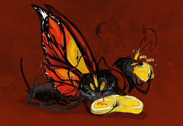 6_limbs antennae_(anatomy) bite black_antennae black_body crown eating eyespots feral food food_in_mouth fruit headgear holding_food holding_fruit holding_object insect_wings lemon lepidopteran_wings licking long_tongue lying markings monotone_body multi_limb multicolored_wings narrowed_eyes on_front orange_eyes orange_wings plant red_background ruff sharp_teeth simple_background solo surprised teeth tongue wings yellow_sclera de_dflly disney hoppers_(disney) pixar titus_(hoppers) arthropod butterfly insect lepidopteran monarch_butterfly 2026 digital_media_(artwork) hi_res