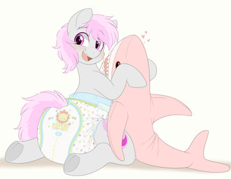 big_diaper blush clothed clothing diaper diaper_fetish diaper_only feral fur grey_body grey_fur hair heart_symbol kneeling little_kings_(diaper) looking_at_viewer male multicolored_hair pink_eyes pink_hair plushie quadruped simple_background solo topless two_tone_hair two_tone_tail wearing_diaper white_background shuphle abuniverse hasbro ikea little_kings my_little_pony blahaj fan_character aquatic earth_pony equid equine fish horse mammal pony shark