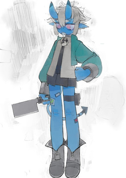 accessory ambiguous_gender blue_body blue_skin bodily_fluids boots bottomwear cleaver_(knife) clothing collared_shirt cutlery dress_shirt dripping eyebrows footwear hair hand_on_hip holding_object holding_weapon horn humanoid_pointy_ears jacket kitchen_knife kitchen_utensils knife leg_accessory long_legs long_tail miniskirt neck_accessory necktie no_pupils open_mouth pointed_tail pointy_ears red_eyes saliva saliva_drip shirt shoes short_hair skirt solo tail tears thick_eyebrows tools topwear weapon white_hair a_4_k_a unnamed_character demon digital_drawing_(artwork) digital_media_(artwork) hi_res