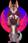 ambiguous_gender blue_sclera blue_teeth brown_body brown_fur brown_mane digitigrade fangs feral fur gradient_horn green_sclera horn looking_at_viewer mane multicolored_horn multicolored_sclera on_hind_legs orange_nose orange_sclera outline paws red_outline scales semi-anthro snout solo spade_tail tail teal_body teal_scales teeth two_tone_sclera whisker_spots jaspering canid canine hybrid mammal 2021 alpha_channel digital_drawing_(artwork) digital_media_(artwork) full-length_portrait hi_res portrait shaded