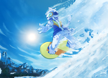 3_toes 4_fingers anthro bottomless clothed clothing cloud coat day detailed_background eyewear feet fingers goggles male mountain outside sky snow snowboard snowboarding solo sun toes topwear yellow_eyes lokey bemani konami pop'n_music ollie_(pop'n_music) felid mammal pantherine snow_leopard 2015 hi_res signature