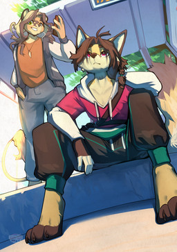 anthro biped bottomwear claws clothed clothed_anthro clothed_male clothing duo feet fingers front_view fully_clothed fully_clothed_anthro fully_clothed_male fur hair male sitting smile standing tail teeth toes topwear cocoline_(artist) canid canine fox mammal 2026 absurd_res digital_drawing_(artwork) digital_media_(artwork) hi_res
