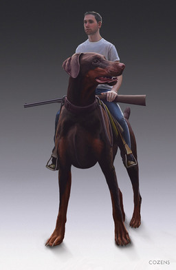 feral gun mount ranged_weapon rider riding riding_on_back saddle shotgun weapon dane_cozens canid canine canis dobermann domestic_dog human mammal pinscher