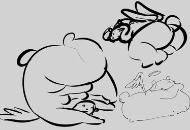 anthro belly big_belly big_butt butt feral lying male overweight presenting presenting_hindquarters thick_thighs upside_down wings youtubepoopbirthday die_of_death roblox mequot angel bear mammal monochrome