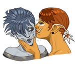 4_fingers accessory black_ear_piercing black_lips blue_hair blush blush_lines clothed clothed_female clothed_humanoid clothing duo ear_piercing ear_ring ear_tuft eyebrow_through_hair eyebrows eyelashes eyes_closed female female/female fingers grey_clothing grey_topwear hair hair_accessory hair_over_eye hair_tie holding_face humanoid_pointy_ears kissing_cheek light lips looking_at_another looking_at_partner multicolored_hair not_furry orange_body orange_hair orange_lips orange_skin piercing pigtails pointy_ears ring_piercing short_hair simple_background skull_ear_piercing topwear translucent translucent_hair tuft tusks white_background white_eyebrows white_hair white_hair_tie yellow_eyes bingoblin humanoid hybrid mammal orc red_river_hog river_pig suid suine sus_(pig) visayan_warty_pig 2025 bust_portrait colored digital_drawing_(artwork) digital_media_(artwork) english_description hi_res lighting portrait shaded