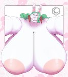 anthro areola bedroom_eyes big_breasts breasts female green_hair hair huge_breasts hyper hyper_breasts inverted_nipples looking_at_viewer narrowed_eyes nipples obese overweight pink_areola seductive smile solo white_body crescent-blue-zero lagomorph leporid mammal rabbit absurd_res bust_portrait hi_res portrait