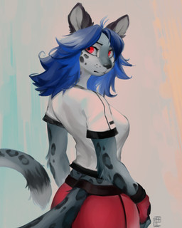 anthro biped blue_hair breasts clothed clothed_anthro clothed_female clothing female fully_clothed fully_clothed_anthro fully_clothed_female fur grey_body grey_fur grey_tail hair looking_at_viewer looking_back looking_back_at_viewer markings midriff red_eyes solo spots spotted_body spotted_fur standing tail swiwwel felid mammal pantherine snow_leopard 2025 absurd_res hi_res signature
