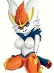 anthro big_breasts blue_body blue_fur breasts buckteeth cheek_tuft eyelashes facial_tuft featureless_breasts featureless_crotch female front_view fur kneeling looking_at_viewer navel orange_body orange_fur orange_nose simple_background smile solo teeth thick_thighs tuft white_background white_body white_fur wide_hips nes_panda nintendo pokemon cinderace generation_8_pokemon pokemon_(species)