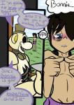 blue_eyes blush bottomwear clothing dialogue duo loincloth machine male navel plant purple_eyes tree renee-moonveil five_nights_at_freddy's scottgames freddy_(fnaf) mike_schmidt_(fnaf) animatronic bear human mammal robot 2014 comic