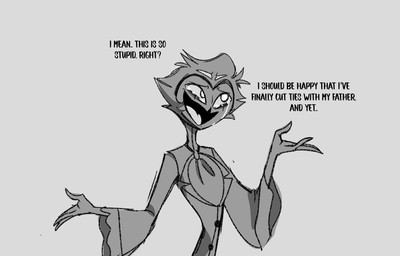 anthro black_text bodily_fluids clothing crying dialogue formal_clothing formal_wear hair male short_hair simple_background smile solo standing tears text teathekook hellaverse helluva_boss stolas_(helluva_boss) avian bird canid canine canis mammal owl owl_demon wolf english_text hi_res monochrome