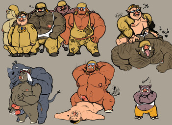 anal anal_penetration anthro anthro_on_anthro anthro_penetrated anthro_penetrating anthro_penetrating_anthro belly black_body bodily_fluids body_hair bottomwear brown_body bulge chest_hair circumcised clothed clothing cowgirl_position cum cum_in_ass cum_inside eyewear facial_hair from_front_position genital_fluids genitals glasses group hairy hat headgear headwear heart_symbol horn larger_penetrated larger_sub male male/male male_penetrated male_penetrating male_penetrating_male moobs musclegut muscular nipples on_bottom on_top overweight overweight_male pants penetration penile penile_penetration penis precum sex shirt size_difference smaller_penetrated submissive tongue tongue_out topwear desertb0ar domestic_pig humanoid hybrid mammal orc rhinoceros suid suine sus_(pig) 2019 hi_res
