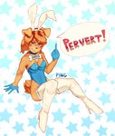 anthro black_nose blue_eyes boots breasts brown_hair bunny_costume butt clothed clothing collar costume exclamation_point fake_ears fake_rabbit_ears female fingers fluffy footwear fur gesture gloves hair hand_gesture handwear high_heeled_boots high_heels legwear looking_at_viewer middle_finger shoes smile solo speech_bubble tan_body tan_fur thigh_boots thigh_highs pingpenne amber_(ping-ether) canid canine canis domestic_dog mammal absurd_res hi_res