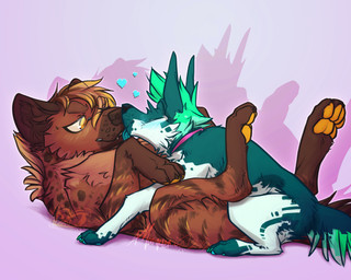 aqua_fur black_nose blue_body blue_fur blue_tongue boop brown_body brown_fur brown_nose cheek_tuft claws clothing cuddling duo eyes_closed facial_tuft female female/female female_on_bottom female_on_top feral fur gradient_background green_body green_fur half-closed_eyes happy heart_symbol kissing licking lying multicolored_body multicolored_fur narrowed_eyes on_back on_bottom on_top pink_background purple_background simple_background smile stripes tan_body tan_fur tongue tongue_out tuft white_body white_fur yellow_body yellow_eyes yellow_fur idoodle2draw terrabyte yaretzi canid canine canis domestic_dog german_shepherd herding_dog hybrid hyena mammal pastoral_dog spotted_hyena striped_hyena 2019 5:4 hi_res signature