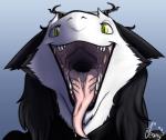 2018 black_body black_fur black_lips bodily_fluids clothing drooling fangs female fluffy fur gaping_mouth green_eyes hair jeany545 jewelry lips long_hair looking_at_viewer mouth_shot open_mouth palate saliva sergal snowly solo teeth throat tongue white_body white_fur