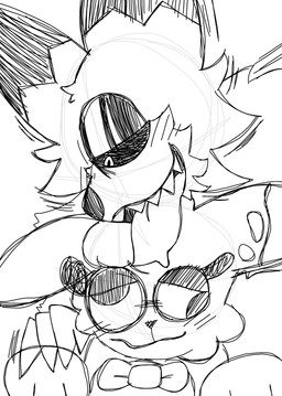 anthro black_eyes black_nose duo femboy male male/male simple_background transparent_background tower_heroes felid feline hybrid lagomorph leporid lynx mammal rabbit absurd_res alpha_channel hi_res monochrome sketch