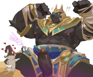 anthro balls big_muscles clothing erection fur genitals glans heart_symbol interrobang male muscular muscular_male nipples pecs penis simple_background solo white_background fishu11 league_of_legends riot_games tencent nasus_(lol) anubian_jackal canid canine canis jackal mammal digital_media_(artwork) hi_res