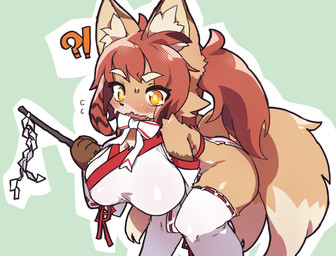 4_fingers anthro asian_clothing bent_over big_breasts blush blush_lines bodily_fluids breasts brown_body brown_fur butt clothing east_asian_clothing embarrassed female fingers fur gloves_(marking) gohei hair high_cut_miko_outfit holding_object huge_breasts interrobang japanese_clothing kemono knock-kneed markings miko_outfit multicolored_body multicolored_tail nipple_outline open_mouth orange_body orange_fur red_hair ribbons shortstack solo surprised sweat sweatdrop tail teeth tight_thigh_socks two_tone_body akanehanagoi canid canine fox mammal absurd_res hi_res