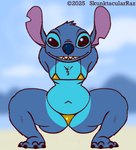 4_toes anthro bikini biped blue_body blue_fur blue_nose butt butt_from_the_front chest_tuft clothing crouching feet femboy front_view fur grin hands_behind_head head_tuft looking_at_viewer male micro_bikini navel notched_ear sharp_teeth smile solo swimwear teeth text thick_thighs toes tuft two-piece_swimsuit yellow_bikini yellow_clothing yellow_swimwear skunktacularraz disney lilo_and_stitch stitch_(lilo_and_stitch) alien experiment_(lilo_and_stitch) 2025 artist_name digital_drawing_(artwork) digital_media_(artwork) flat_colors hi_res